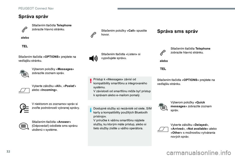 Peugeot 301 2017 Užívateľská príručka (in Slovak) 32
Správa správ
alebo Stlačením tlačidla Telephone
zobrazte hlavnú stránku.
Stlačením tlačidla « OPTIONS» prejdete na
vedľajšiu stránku.
Výberom položky « Messages»
zobrazíte Peugeot 301 2017 Užívateľská príručka (in Slovak) 32
Správa správ
alebo Stlačením tlačidla Telephone
zobrazte hlavnú stránku.
Stlačením tlačidla « OPTIONS» prejdete na
vedľajšiu stránku.
Výberom položky « Messages»
zobrazíte