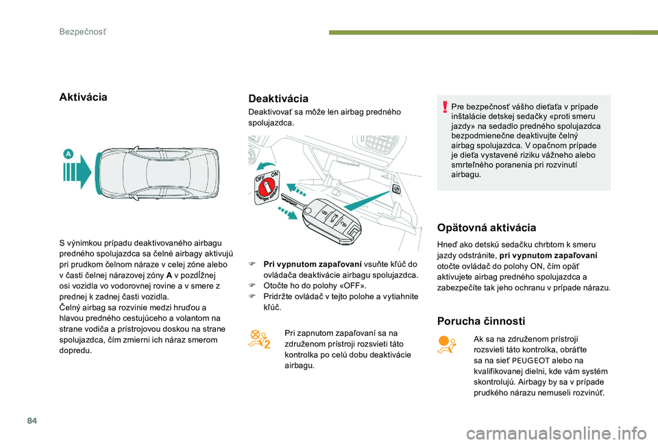 Peugeot 301 2017 Užívateľská príručka (in Slovak) 84
AktiváciaDeaktivácia
Porucha činnosti
Ak sa na združenom prístroji
rozsvieti táto kontrolka, obráťte
sa na sieť PEUGEOT alebo na
kvalifikovanej dielni, kde vám systém
skontrolujú. A Peugeot 301 2017 Užívateľská príručka (in Slovak) 84
AktiváciaDeaktivácia
Porucha činnosti
Ak sa na združenom prístroji
rozsvieti táto kontrolka, obráťte
sa na sieť PEUGEOT alebo na
kvalifikovanej dielni, kde vám systém
skontrolujú. A