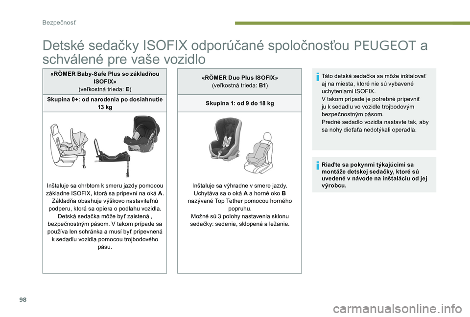 Peugeot 301 2017 Užívateľská príručka (in Slovak) 98
Detské sedačky ISOFIX odporúčané spoločnosťou PEUGEOT a
schválené pre vaše vozidlo
«RÖMER Baby- Safe Plus so základňou
ISOFIX»
(veľkostná trieda: E )
Skupina 0+: od narodenia po Peugeot 301 2017 Užívateľská príručka (in Slovak) 98
Detské sedačky ISOFIX odporúčané spoločnosťou PEUGEOT a
schválené pre vaše vozidlo
«RÖMER Baby- Safe Plus so základňou
ISOFIX»
(veľkostná trieda: E )
Skupina 0+: od narodenia po