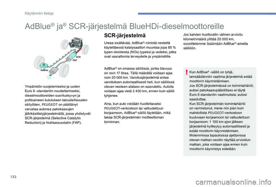 Peugeot 301 2017 Omistajan käsikirja (in Finnish) 132
AdBlue® ja® SCR-järjestelmä BlueHDi-dieselmoottoreille
Ureaa sisältävää, AdBlue®-nimistä nestettä
käytettäessä katalysaattori muuntaa jopa 85 %
typen oksideista (NOx) typeksi ja ve Peugeot 301 2017 Omistajan käsikirja (in Finnish) 132
AdBlue® ja® SCR-järjestelmä BlueHDi-dieselmoottoreille
Ureaa sisältävää, AdBlue®-nimistä nestettä
käytettäessä katalysaattori muuntaa jopa 85 %
typen oksideista (NOx) typeksi ja ve