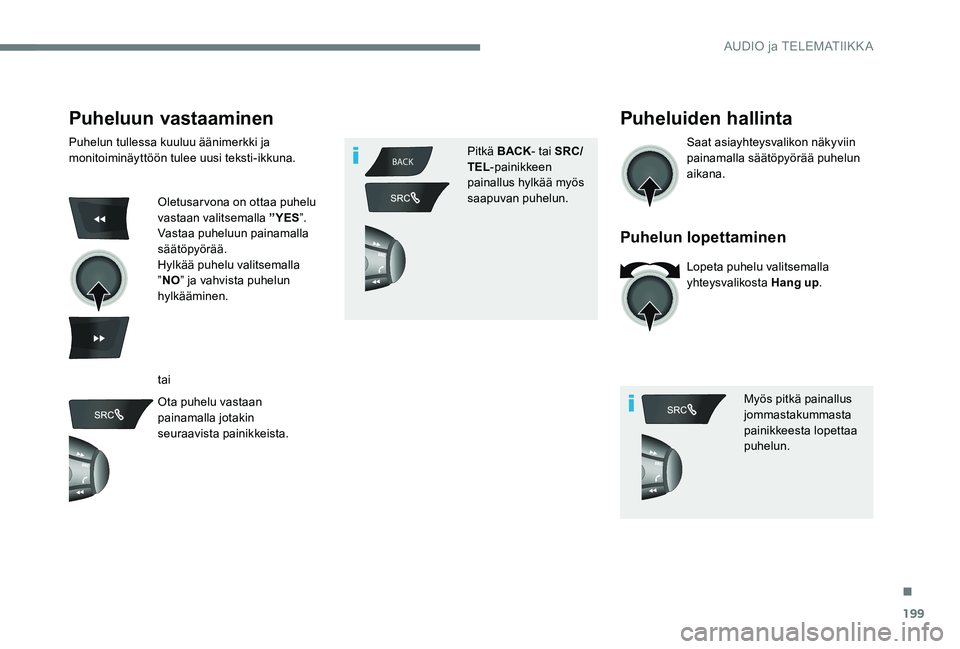Peugeot 301 2017  Omistajan käsikirja (in Finnish) 199
BACK
Puheluun vastaaminen
Puhelun tullessa kuuluu äänimerkki ja 
monitoiminäyttöön tulee uusi teksti-ikkuna.
Oletusarvona on ottaa puhelu 
vastaan valitsemalla ”YES ”.
Vastaa puheluun pai
