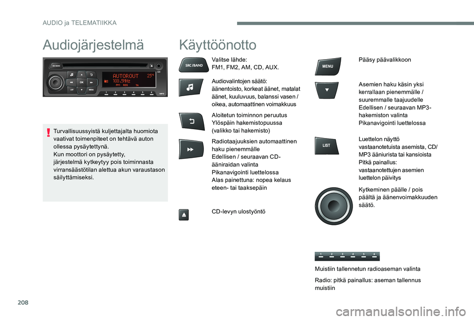Peugeot 301 2017 Omistajan käsikirja (in Finnish) 208
AudiojärjestelmäKäyttöönotto
Valitse lähde:
FM1, FM2, AM, CD, AUX.
Audiovalintojen säätö:
äänentoisto, korkeat äänet, matalat
äänet, kuuluvuus, balanssi vasen /
oikea, automaattin Peugeot 301 2017 Omistajan käsikirja (in Finnish) 208
AudiojärjestelmäKäyttöönotto
Valitse lähde:
FM1, FM2, AM, CD, AUX.
Audiovalintojen säätö:
äänentoisto, korkeat äänet, matalat
äänet, kuuluvuus, balanssi vasen /
oikea, automaattin