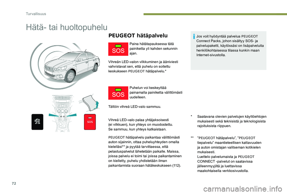 Peugeot 301 2017 Omistajan käsikirja (in Finnish) 72
Hätä- tai huoltopuhelu
PEUGEOT hätäpalvelu
* Saatavana olevien palvelujen käyttöehtojen
mukaisesti sekä teknisistä ja teknologisista
rajoituksista riippuen.
**
”PEUGEOT hätäpalvelu Peugeot 301 2017 Omistajan käsikirja (in Finnish) 72
Hätä- tai huoltopuhelu
PEUGEOT hätäpalvelu
* Saatavana olevien palvelujen käyttöehtojen
mukaisesti sekä teknisistä ja teknologisista
rajoituksista riippuen.
**
”PEUGEOT hätäpalvelu