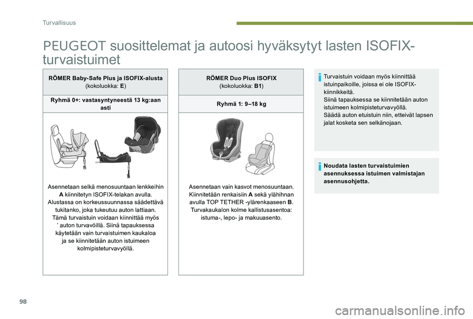 Peugeot 301 2017 Omistajan käsikirja (in Finnish) 98
PEUGEOT suosittelemat ja autoosi hyväksytyt lasten ISOFIX-
turvaistuimet
RÖMER Baby- Safe Plus ja ISOFIX-alusta
(kokoluokka: E )
Ryhmä 0+: vastasyntyneestä 13 kg:aan asti
Asennetaan selkä men Peugeot 301 2017 Omistajan käsikirja (in Finnish) 98
PEUGEOT suosittelemat ja autoosi hyväksytyt lasten ISOFIX-
turvaistuimet
RÖMER Baby- Safe Plus ja ISOFIX-alusta
(kokoluokka: E )
Ryhmä 0+: vastasyntyneestä 13 kg:aan asti
Asennetaan selkä men