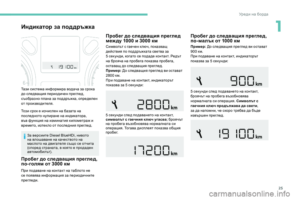 Peugeot 301 2017  Ръководство за експлоатация (in Bulgarian) 25
Индикатор за поддръжка
За версиите Diesel BlueHDi, нивото 
на влошаване на качеството на 
маслото на двигателя същ
