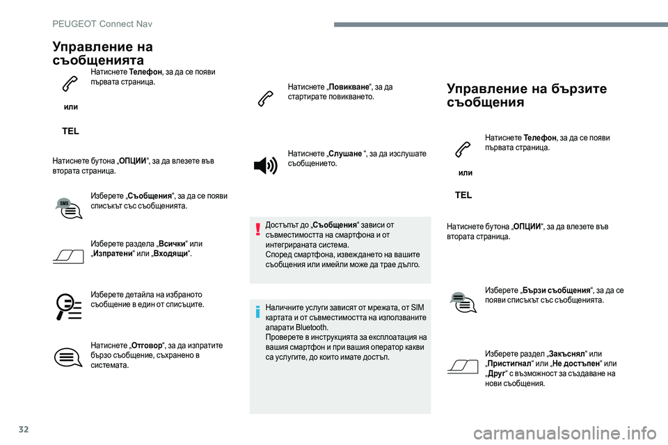 Peugeot 301 2017  Ръководство за експлоатация (in Bulgarian) 32
Управление на 
съобщенията
 или Натиснете 
Телефон, за да се появи 
първата страница.
Натиснете бу тона „ ОПЦ