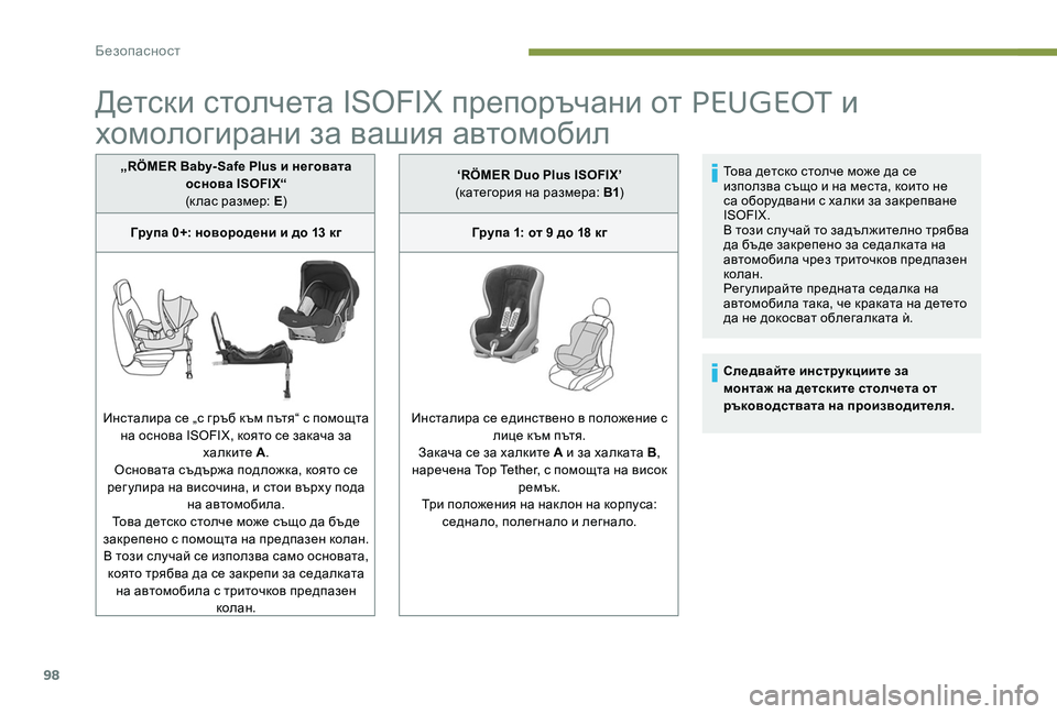 Peugeot 301 2017  Ръководство за експлоатация (in Bulgarian) 98
Детски столчета ISOFIX препоръчани от PEUGEOT и 
хомологирани за вашия автомобил
„RÖMER Baby- Safe Plus и неговата 
основа 