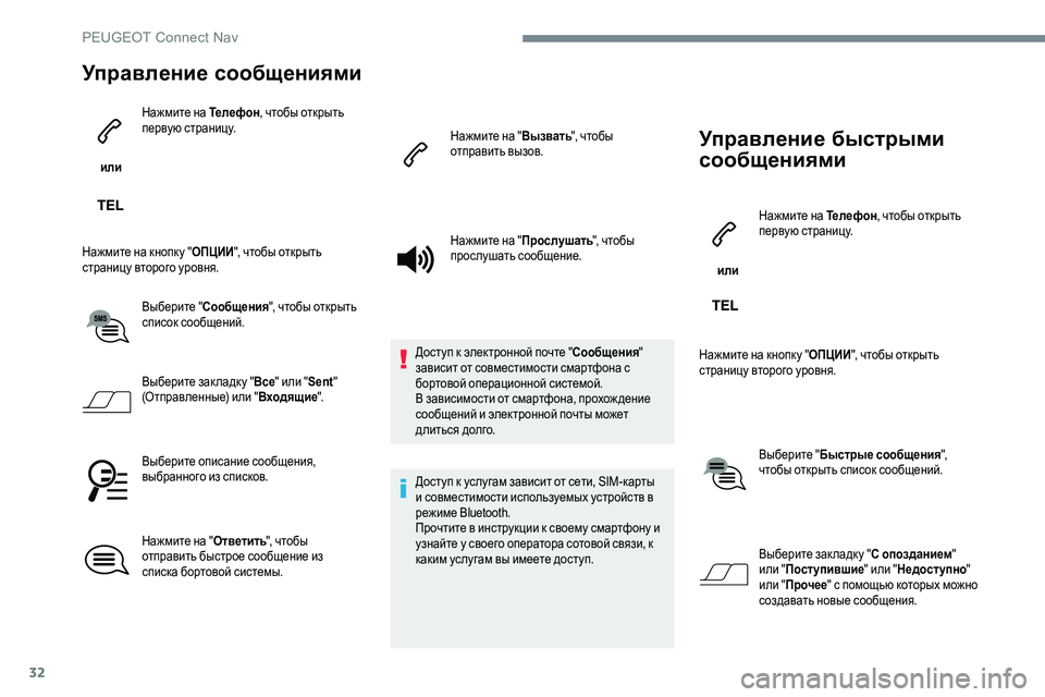 Peugeot 301 2017  Инструкция по эксплуатации (in Russian) 32
Управление сообщениями
 или Нажмите на Телефон
, чтобы открыть 
первую страницу.
Нажмите на кнопку " ОПЦИИ&