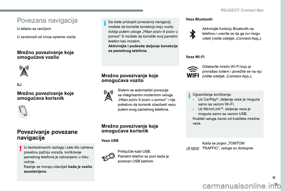 Peugeot 301 2017 Упутство за употребу (in Serbian) 15
Povezana navigacija
U skladu sa verzijom
U zavisnosti od nivoa opreme vozila
Mrežno povezivanje koje
omogućava vozilo
ILI
Mrežno povezivanje koje
omogućava korisnik
Povezivanje povezane
navi Peugeot 301 2017 Упутство за употребу (in Serbian) 15
Povezana navigacija
U skladu sa verzijom
U zavisnosti od nivoa opreme vozila
Mrežno povezivanje koje
omogućava vozilo
ILI
Mrežno povezivanje koje
omogućava korisnik
Povezivanje povezane
navi