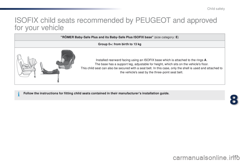 Peugeot 301 2015  Owners Manual 113
301_en_Chap08_securite-enfants_ed01-2014
ISOFIX child seats recommended by PEUGEOT and approved 
for your vehicle
Follow the instructions for fitting child seats contained in their manufacturer