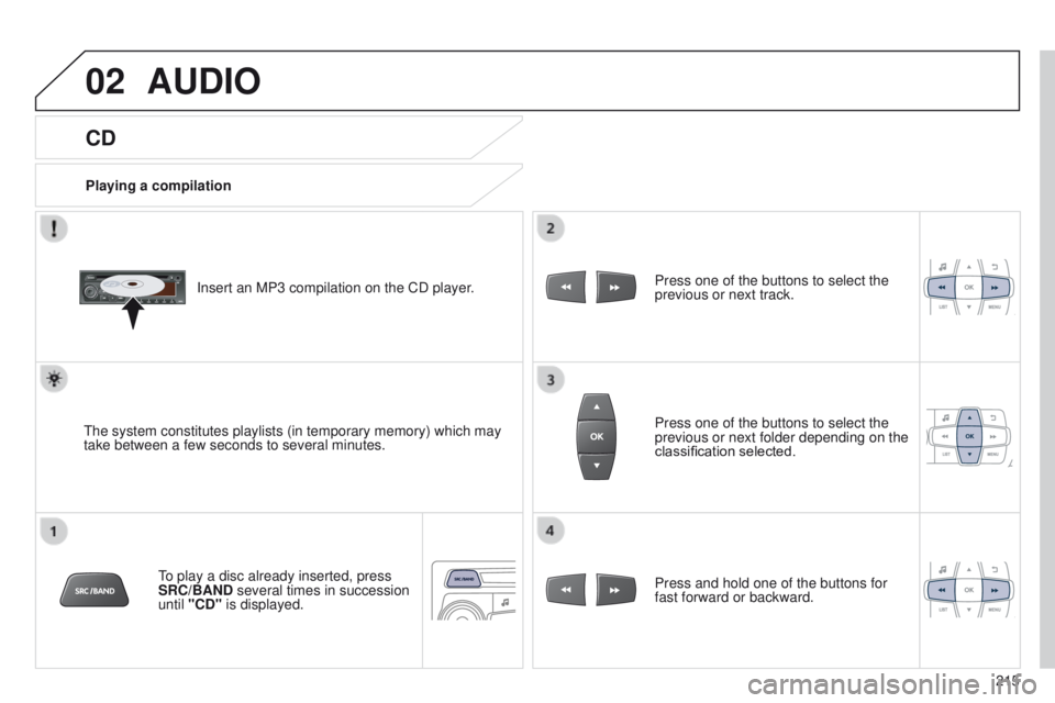 Peugeot 301 2015  Owners Manual 02
215
301_en_Chap12b_RDE1_ed01-2014
CD
AUDIO
Playing a compilationInsert an MP3 compilation on the CD player.
The system constitutes playlists (in temporary memory) which may 
take between a few seco