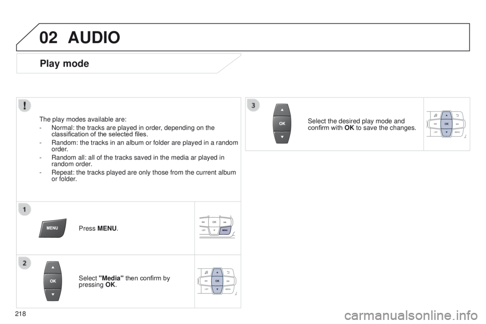 Peugeot 301 2015  Owners Manual 02
218
301_en_Chap12b_RDE1_ed01-2014
AUDIO
Play mode
The play modes available are:
- 
Normal: the tracks are played in order
 , depending on the 
classification of the selected files.
-
 
Random: the 