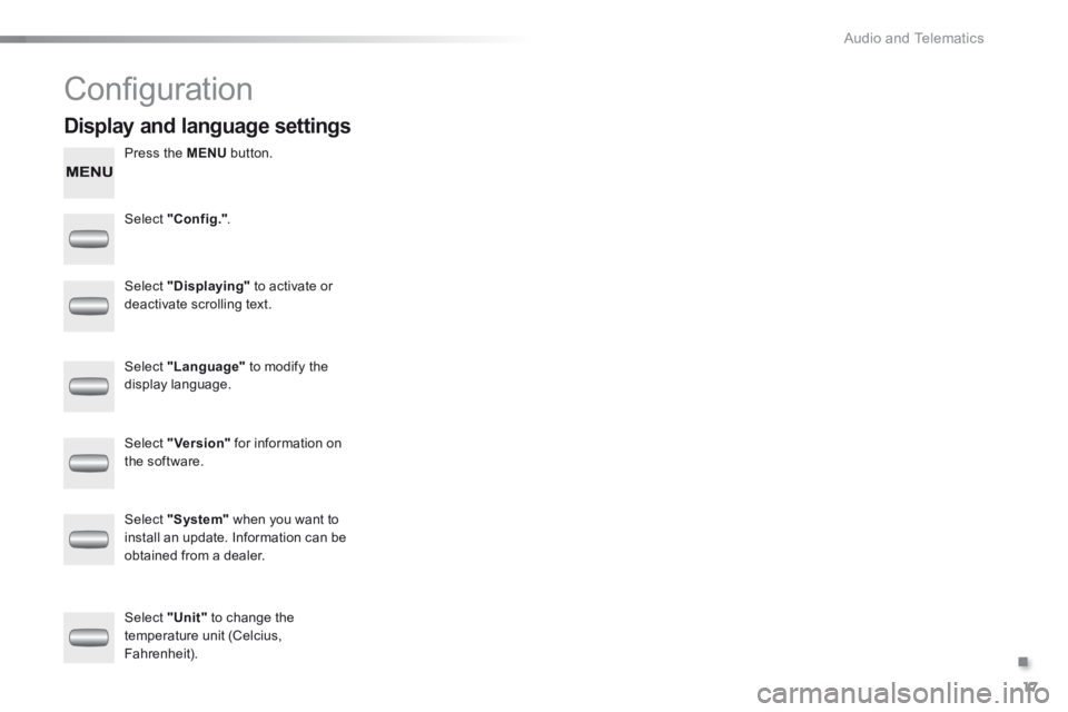 Peugeot 301 2015  Owners Manual .
 Audio and Telematics 17
301-add-2_en_Chap12_RDE2_ed01-2014
 Conﬁ guration 
  Press  the   MENU   button.  
  Select   "Config." .  
  Select   "Displaying"  to activate or deactivate scrolling te