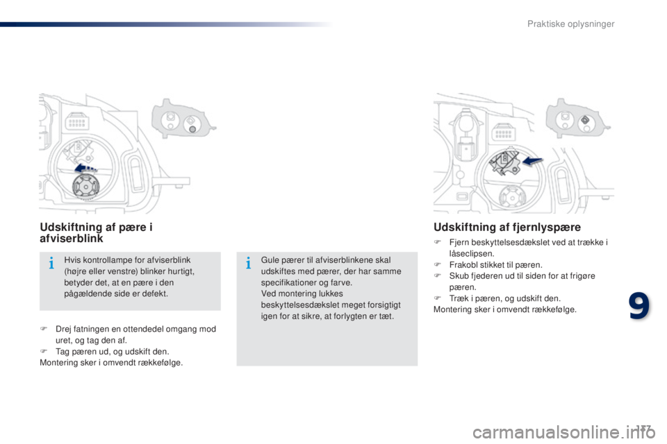 Peugeot 301 2015  Instruktionsbog (in Danish) 137
301_da_Chap09_info-pratiques_ed01-2014
Gule pærer til afviserblinkene skal 
udskiftes med pærer, der har samme 
specifikationer og farve.
Ved montering lukkes 
beskyttelsesdækslet meget forsigt