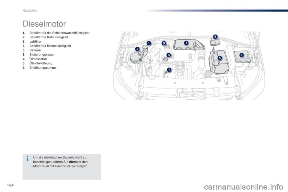 Peugeot 301 2015  Betriebsanleitung (in German) 164
301_de_Chap10_verifications_ed01-2014
Um die elektrischen Bauteile nicht zu 
beschädigen, dür fen Sie niemals den 
Motorraum mit Hochdruck zu reinigen.
Dieselmotor
1. Behälter für die Scheiben