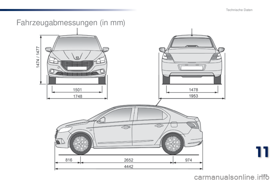 Peugeot 301 2015  Betriebsanleitung (in German) 175
301_de_Chap11_caracteristiques-techniques_ed01-2014
Fahrzeugabmessungen (in mm) 
11  
Technische Daten  