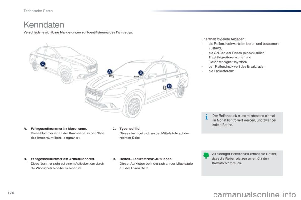 Peugeot 301 2015  Betriebsanleitung (in German) 176
301_de_Chap11_caracteristiques-techniques_ed01-2014
Kenndaten
A. Fahrgestellnummer im Motorraum.  D
iese Nummer ist an der Karosserie, in der Nähe 
des Innenraumfilters, eingraviert. Der Reifendr
