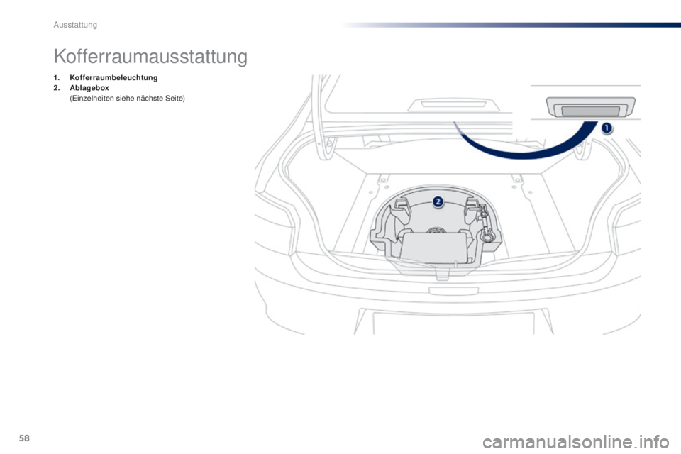 Peugeot 301 2015  Betriebsanleitung (in German) 58
301_de_Chap04_amenagements_ed01-2014
Kofferraumausstattung
1. Kofferraumbeleuchtung
2. A blagebox  
 (

Einzelheiten siehe nächste Seite) 
Ausstattung  