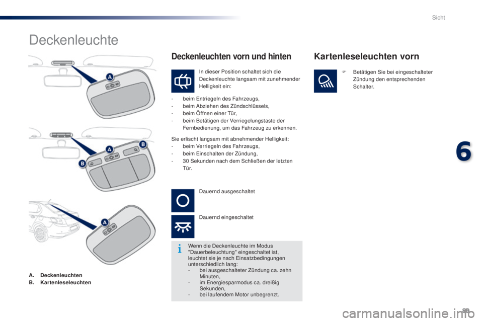 Peugeot 301 2015  Betriebsanleitung (in German) 89
301_de_Chap06_visibilite_ed01-2014
Deckenleuchte
In dieser Position schaltet sich die 
Deckenleuchte langsam mit zunehmender 
Helligkeit ein:
-
 
b

eim Entriegeln des Fahrzeugs,
-
 b

eim Abziehen