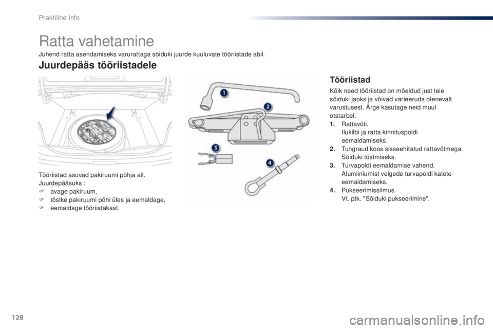 Peugeot 301 2015  Omaniku käsiraamat (in Estonian) 128
301_et_Chap09_info-pratiques_ed01-2014
Ratta vahetamine
Tööriistad asuvad pakiruumi põhja all.
Juurdepääsuks :
F 
a
 vage pakiruum,
F
 
t
 õstke pakiruumi põhi üles ja eemaldage,
F
 
e
 em