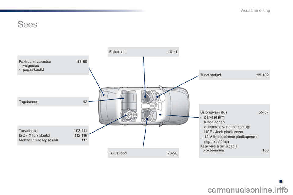 Peugeot 301 2015  Omaniku käsiraamat (in Estonian) 225
301_et_Chap13_recherche-visuelle_ed01-2014
Sees
Pakiruumi varustus 58-59
-  valgustus
-
 

pagasikastid Esiistmed
 

40- 41
Tu r v a t o o l i d
 
 1 0 3 -111
I S O F I X  t u r v a t o o l i d
 1