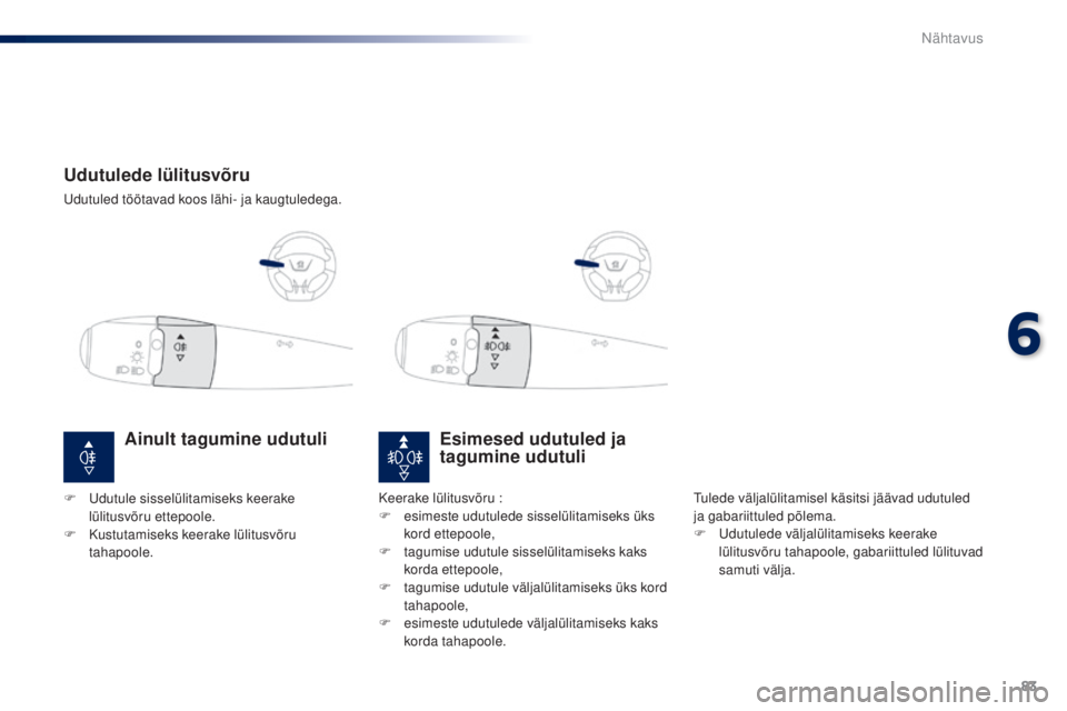 Peugeot 301 2015  Omaniku käsiraamat (in Estonian) 83
301_et_Chap06_visibilite_ed01-2014
Udutulede lülitusvõru
Udutuled töötavad koos lähi- ja kaugtuledega.
Esimesed udutuled ja 
tagumine udutuli
Tulede väljalülitamisel käsitsi jäävad udutul
