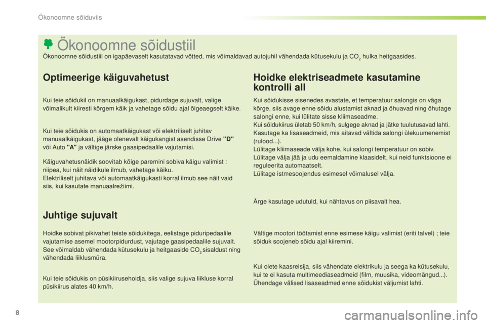 Peugeot 301 2015 Omaniku käsiraamat (in Estonian) 8
Kui olete kaasreisija, siis vähendate elektrikulu ja seega ka kütusekulu,
kui te ei kasuta multimeediaseadmeid (film, muusika, videomängud...).
Ühendage välised lisaseadmed enne sõidukist vä Peugeot 301 2015 Omaniku käsiraamat (in Estonian) 8
Kui olete kaasreisija, siis vähendate elektrikulu ja seega ka kütusekulu,
kui te ei kasuta multimeediaseadmeid (film, muusika, videomängud...).
Ühendage välised lisaseadmed enne sõidukist vä