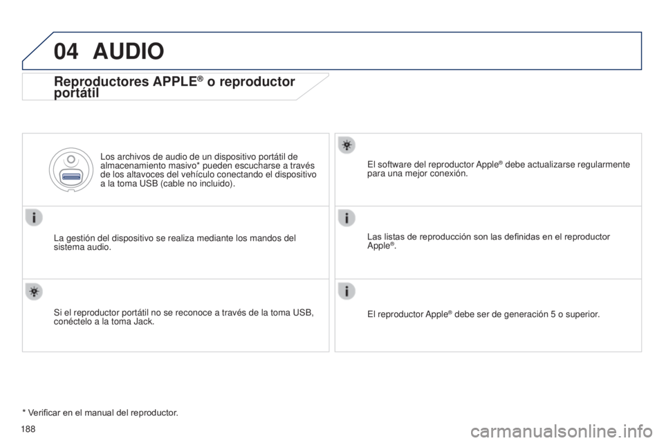 Peugeot 301 2015  Manual del propietario (in Spanish) 04
188
301_es_Chap12a_RD5(RD45)_ed01-2014
AUDIO
Reproductores APPLE® o reproductor 
portátil
La gestión del dispositivo se realiza mediante los mandos del 
sistema audio. Los archivos de audio de u
