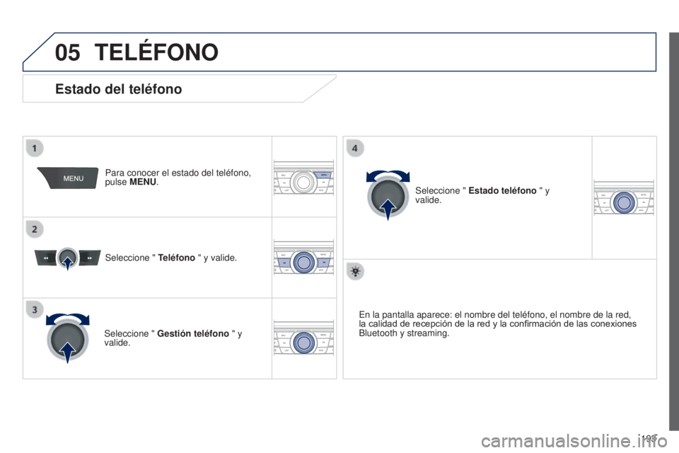 Peugeot 301 2015  Manual del propietario (in Spanish) 05
 193
301_es_Chap12a_RD5(RD45)_ed01-2014
TELéFONO
Para conocer el estado del teléfono, 
pulse MENU.
Seleccione " Teléfono " y valide.
Seleccione "  Gestión teléfono  " y 
valide