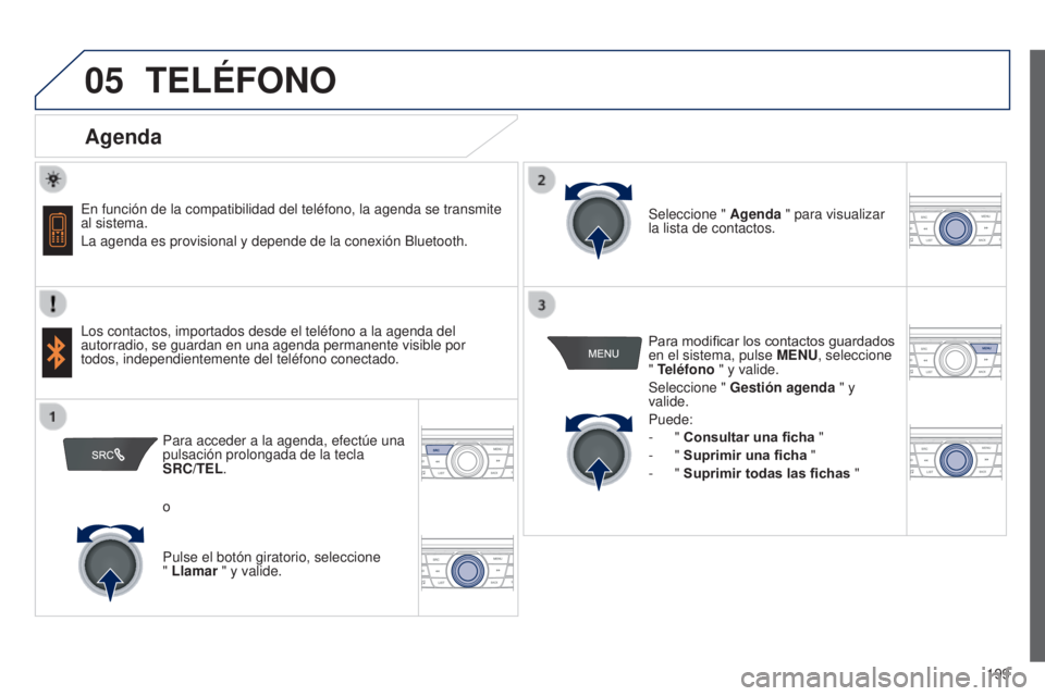 Peugeot 301 2015  Manual del propietario (in Spanish) 05
 
   
 
 
199
301_es_Chap12a_RD5(RD45)_ed01-2014
TELéFONO
Agenda
En función de la compatibilidad del teléfono, la agenda se transmi\
te 
al sistema.
La agenda es provisional y depende de la cone