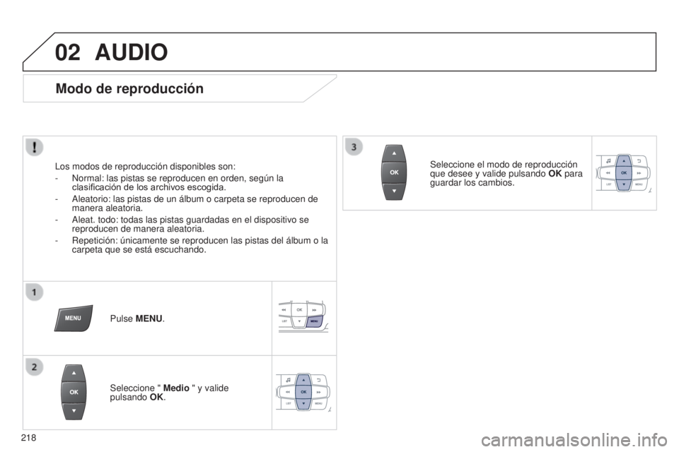 Peugeot 301 2015  Manual del propietario (in Spanish) 02
218
301_es_Chap12b_RDE1_ed01-2014
AUDIO
Modo de reproducción
Los modos de reproducción disponibles son:
- 
Normal: las pistas se reproducen en orden, según la 
clasificación de los archivos esc