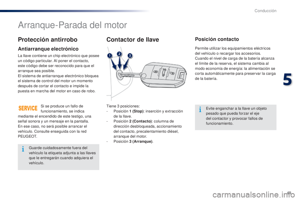 Peugeot 301 2015 Manual del propietario (in Spanish) 61
301_es_Chap05_conduite_ed01-2014
Arranque-Parada del motor
Tiene 3 posiciones:
- Posición 1
(Stop): inserción y extracción
de la llave.
-
Posición 2
(Contacto): columna de
direcci Peugeot 301 2015 Manual del propietario (in Spanish) 61
301_es_Chap05_conduite_ed01-2014
Arranque-Parada del motor
Tiene 3 posiciones:
- Posición 1
(Stop): inserción y extracción
de la llave.
-
Posición 2
(Contacto): columna de
direcci