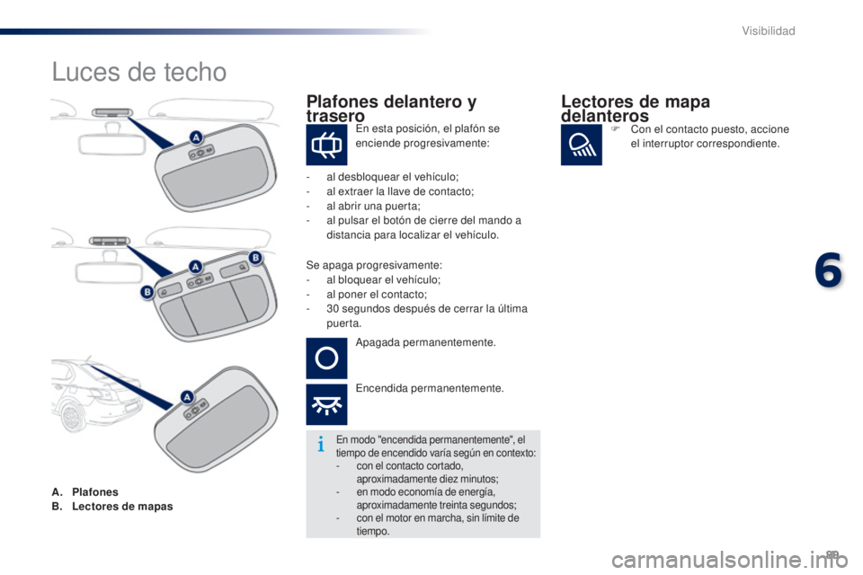 Peugeot 301 2015  Manual del propietario (in Spanish) 89
301_es_Chap06_visibilite_ed01-2014
Luces de techo
En esta posición, el plafón se 
enciende progresivamente:
-
 
a

l desbloquear el vehículo;
-
 
a

l extraer la llave de contacto;
-
 
a

l abri