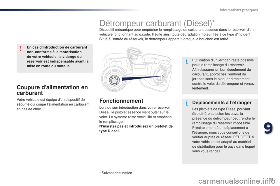 Peugeot 301 2015 Manuel du propriétaire (in French) 119
Fonctionnement
Lors de son introduction dans votre réservoir
Diesel, le pistolet essence vient buter sur le
volet. Le système reste verrouillé et empêche
le remplissage.
N'insistez pas Peugeot 301 2015 Manuel du propriétaire (in French) 119
Fonctionnement
Lors de son introduction dans votre réservoir
Diesel, le pistolet essence vient buter sur le
volet. Le système reste verrouillé et empêche
le remplissage.
N'insistez pas