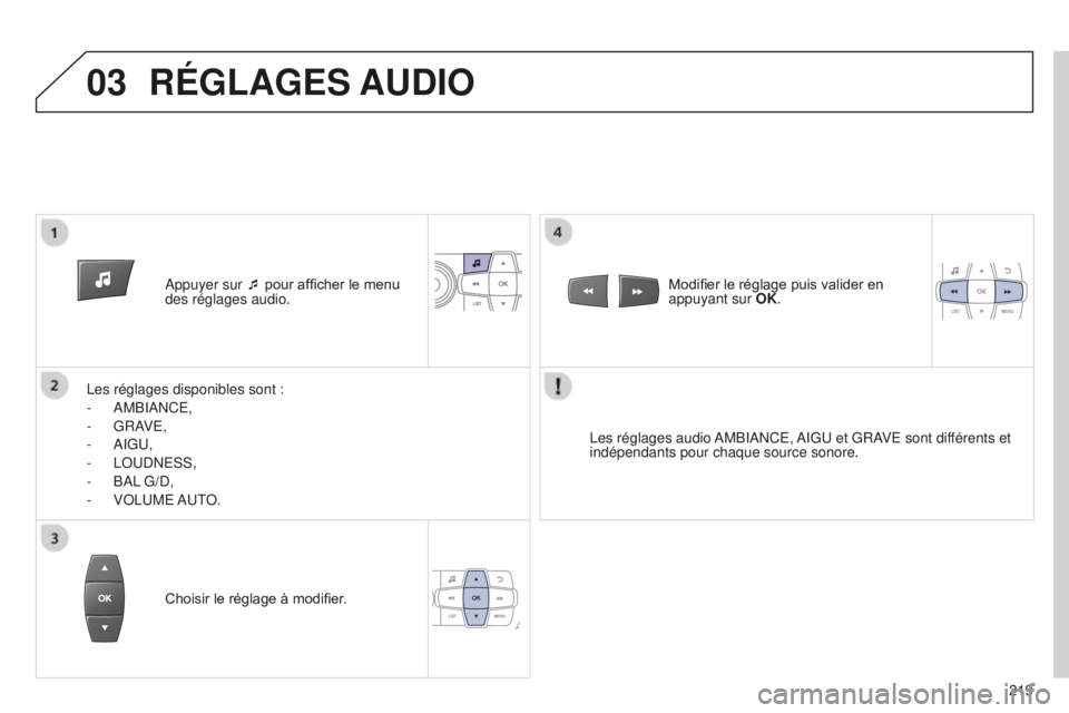 Peugeot 301 2015  Manuel du propriétaire (in French) 03
219
Appuyer sur ¯ pour afficher le menu 
des réglages audio.
Les réglages disponibles sont :
-
 
AMBIANCE,
-
 
GRAVE,
-
 
AIGU,
-
 
LOUDNESS,
-
 
BAL

 G/D,
-
 
VOLUME AUT

O.
Les réglages audi