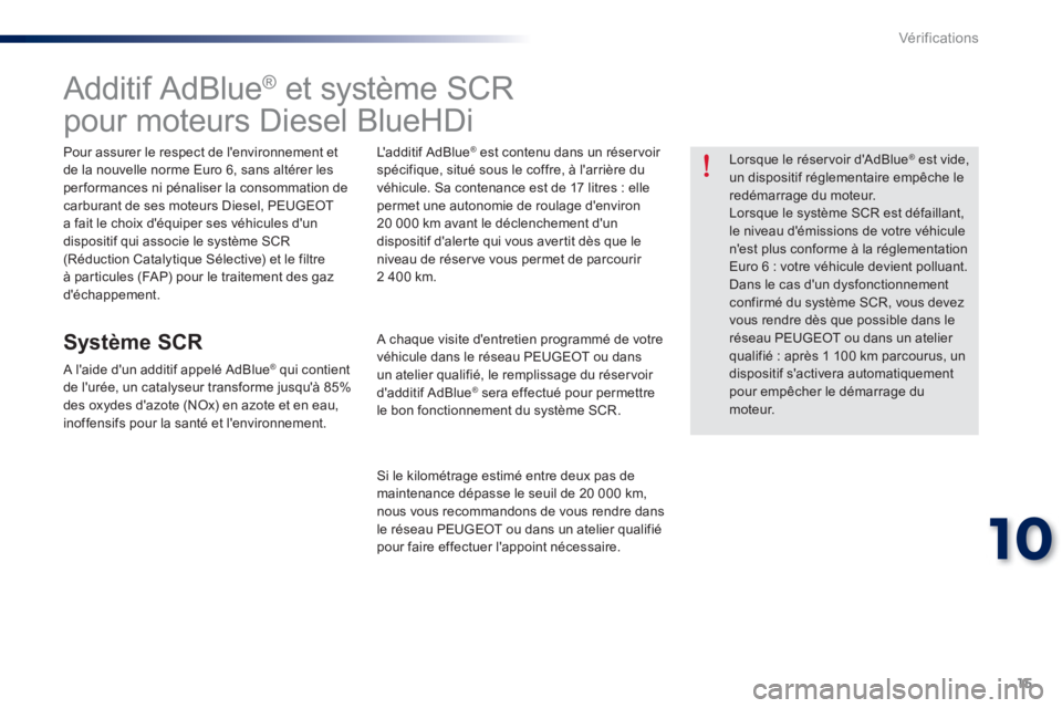 Peugeot 301 2015  Manuel du propriétaire (in French) 15
10
Vér if ic ations
   
 
 
 
 
 
 
 
 
 
 
 
 
 
 
 
 
 
Additif AdBlue ® 
 et système SCR  
pour moteurs Diesel BlueHDi  
 
 
Pour assurer le respect de lenvironnement et 
de la nouvelle norm