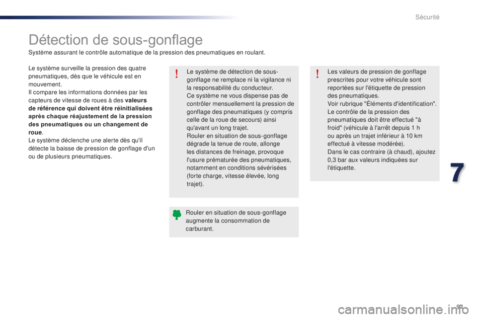 Peugeot 301 2015 Manuel du propriétaire (in French) 91
Détection de sous-gonflage
Le système de détection de sous-
gonflage ne remplace ni la vigilance ni
la responsabilité du conducteur.
Ce système ne vous dispense pas de
contrôler mensuelleme Peugeot 301 2015 Manuel du propriétaire (in French) 91
Détection de sous-gonflage
Le système de détection de sous-
gonflage ne remplace ni la vigilance ni
la responsabilité du conducteur.
Ce système ne vous dispense pas de
contrôler mensuelleme