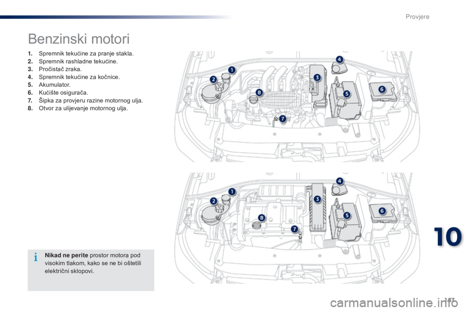 Peugeot 301 2015  Vodič za korisnike (in Croatian) 163
301_hr_Chap10_verifications_ed01-2014
Benzinski motori
1. Spremnik tekućine za pranje stakla.
2. Spremnik rashladne tekućine.
3.
 P

ročistač zraka.
4.
 S

premnik tekućine za kočnice.
5.
 A