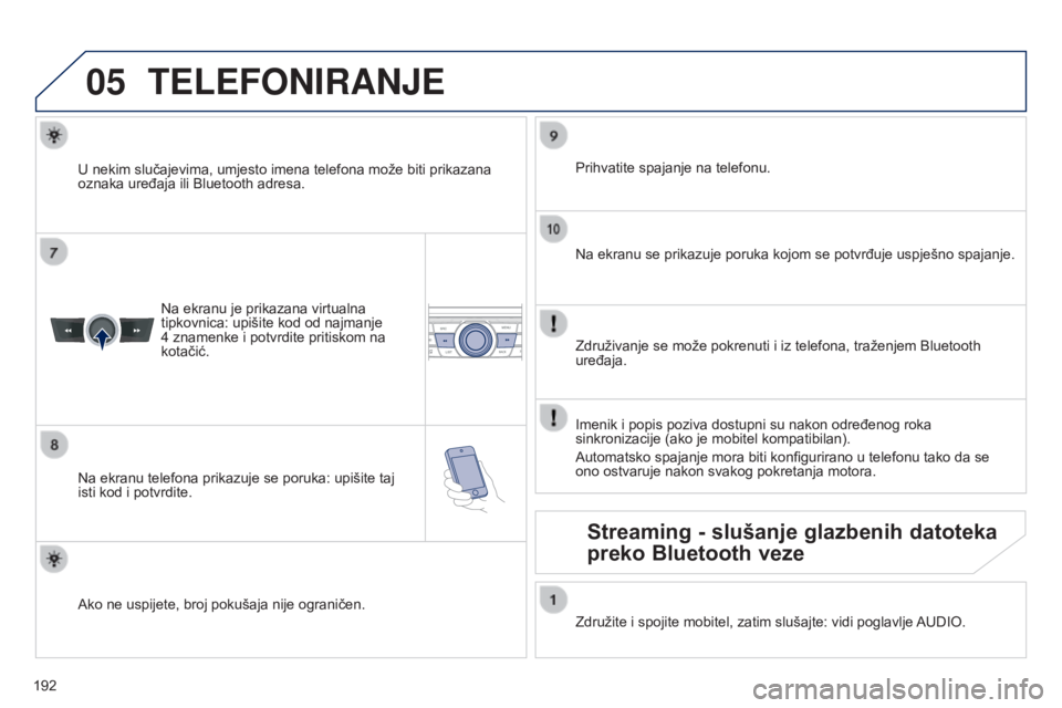 Peugeot 301 2015  Vodič za korisnike (in Croatian) 05
 
192
301_hr_Chap12a_RD5(RD45)_ed01-2014
TELEFONIRANJE
Na ekranu je prikazana virtualna 
tipkovnica: upišite kod od najmanje 
4   znamenke i potvrdite pritiskom na 
kotačić.
Na ekranu telefona p