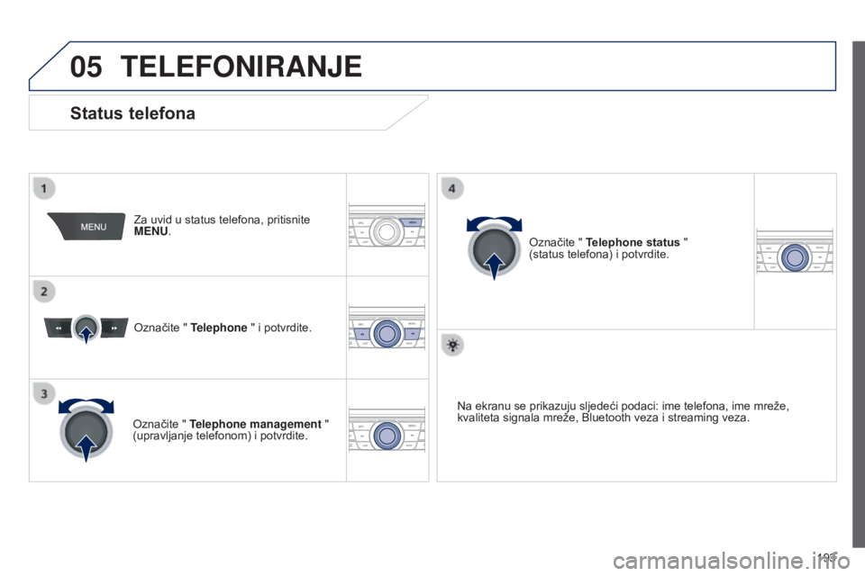 Peugeot 301 2015  Vodič za korisnike (in Croatian) 05
 193
301_hr_Chap12a_RD5(RD45)_ed01-2014
TELEFONIRANJE
Za uvid u status telefona, pritisnite 
MENU.
Označite " Telephone " i potvrdite.
Označite " Telephone management " 
(upravlja