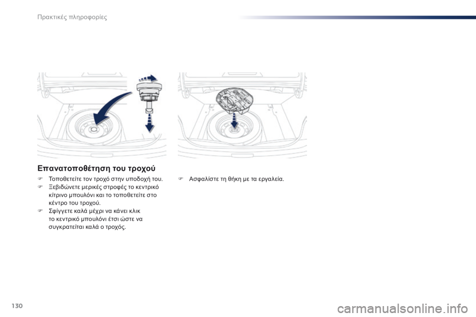Peugeot 301 2015  Εγχειρίδιο χρήσης (in Greek) 130
301_el_Chap09_info-pratiques_ed01-2014
Επανατοποθέτηση του τροχού
F Ασφαλίστε τη θήκη με τα εργαλεία.
F
 Τ
οποθετείτε τον τροχ