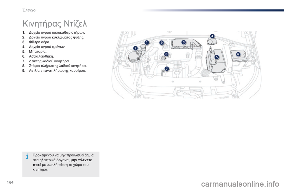 Peugeot 301 2015  Εγχειρίδιο χρήσης (in Greek) 164
301_el_Chap10_verifications_ed01-2014
Προκειμένου να μην προκ ληθεί ζημιά 
στα ηλεκτρικά όργανα, μην πλένετε 
ποτέ με υψηλή π