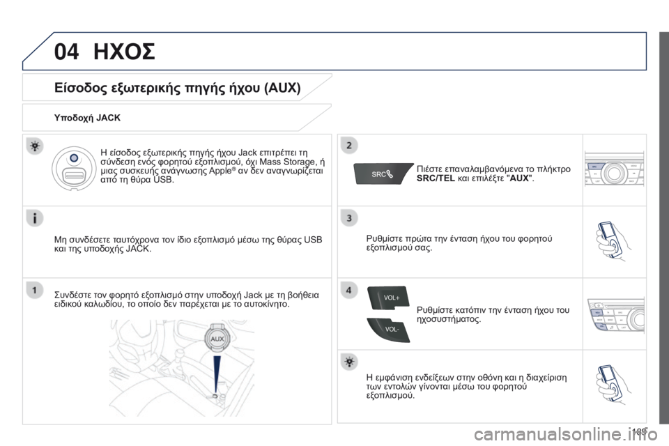 Peugeot 301 2015  Εγχειρίδιο χρήσης (in Greek) 04
VOL+
VOL-
189
301_el_Chap12a_RD5(RD45)_ed01-2014
ΗΧΟΣ
Είσοδος εξωτερικής πηγής ήχου (AUX)
Υποδοχή JACK
Μη συνδέσετε ταυτόχρονα τον ίδ