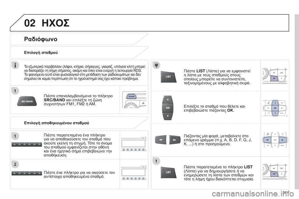 Peugeot 301 2015  Εγχειρίδιο χρήσης (in Greek) 02
2 11
301_el_Chap12b_RDE1_ed01-2014
ΗΧΟΣ
Πιέστε επαναλαμβανόμενα το πλήκτρο 
SRC/BAND και επιλέξτε τη ζώνη 
συχνοτήτων FM1, FM2 ή AM.
