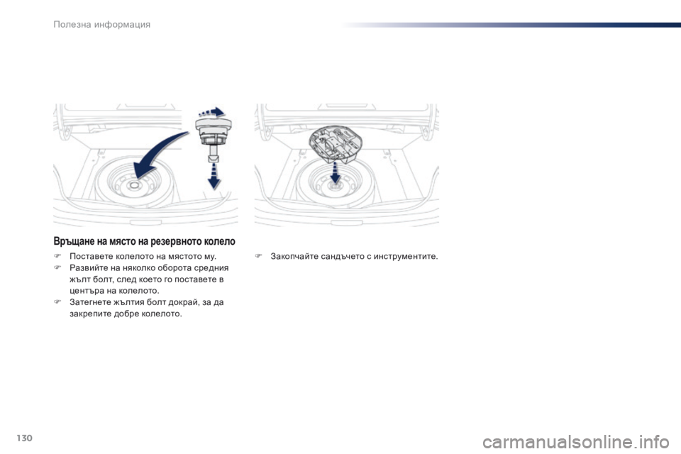 Peugeot 301 2015  Ръководство за експлоатация (in Bulgarian) 130
301_bg_Chap09_info-pratiques_ed01-2014
Връщане на място на резервното колело
F Закопчайте сандъчето с инструментите.
F
 П
оста