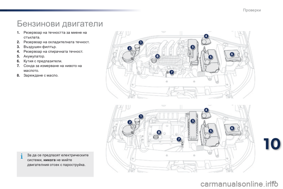 Peugeot 301 2015  Ръководство за експлоатация (in Bulgarian) 163
301_bg_Chap10_verifications_ed01-2014
Бензинови двигатели
1. Резервоар на течността за миене на стък лата.
2.
 Р

езервоар на ох