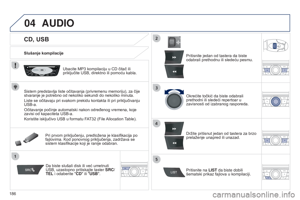 Peugeot 301 2015 Упутство за употребу (in Serbian) 04
186
301_sr_Chap12a_RD5(RD45)_ed01-2014
CD, USB
AUDIO
Slušanje kompilacijeUbacite MP3 kompilaciju u CD čitač ili
priključite USB, direktno ili pomoću kabla.
Sistem predstavlja liste očitavanj Peugeot 301 2015 Упутство за употребу (in Serbian) 04
186
301_sr_Chap12a_RD5(RD45)_ed01-2014
CD, USB
AUDIO
Slušanje kompilacijeUbacite MP3 kompilaciju u CD čitač ili
priključite USB, direktno ili pomoću kabla.
Sistem predstavlja liste očitavanj