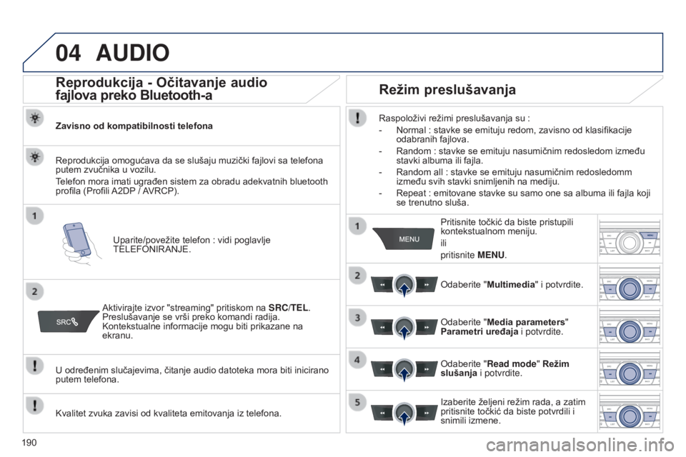 Peugeot 301 2015 Упутство за употребу (in Serbian) 04
190
301_sr_Chap12a_RD5(RD45)_ed01-2014
AUDIO
Reprodukcija - Očitavanje audio
fajlova
preko
Bluetooth-a
Zavisno od kompatibilnosti telefona
Uparite/povežite telefon : vidi poglavlje
TELEFON Peugeot 301 2015 Упутство за употребу (in Serbian) 04
190
301_sr_Chap12a_RD5(RD45)_ed01-2014
AUDIO
Reprodukcija - Očitavanje audio
fajlova
preko
Bluetooth-a
Zavisno od kompatibilnosti telefona
Uparite/povežite telefon : vidi poglavlje
TELEFON