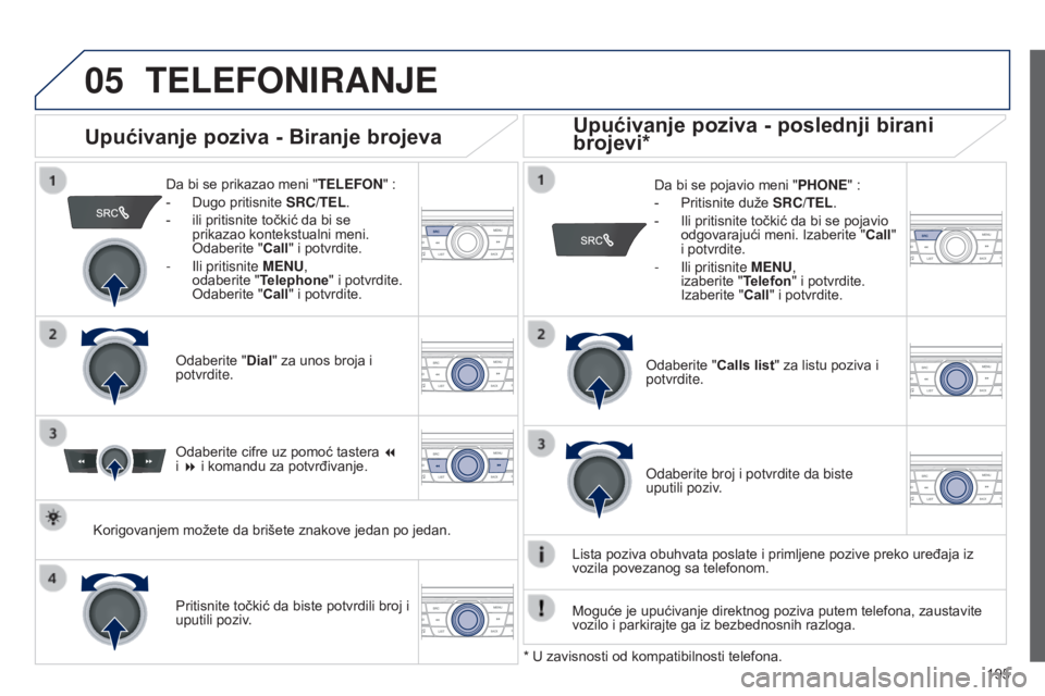 Peugeot 301 2015 Упутство за употребу (in Serbian) 05
195
301_sr_Chap12a_RD5(RD45)_ed01-2014
TELEFONIRANJE
Da bi se prikazao meni " TELEFON" :
-
Dugo pritisnite SRC/TEL
.
-
ili pritisnite točkić da bi se
prikazao kontekstualni Peugeot 301 2015 Упутство за употребу (in Serbian) 05
195
301_sr_Chap12a_RD5(RD45)_ed01-2014
TELEFONIRANJE
Da bi se prikazao meni " TELEFON" :
-
Dugo pritisnite SRC/TEL
.
-
ili pritisnite točkić da bi se
prikazao kontekstualni