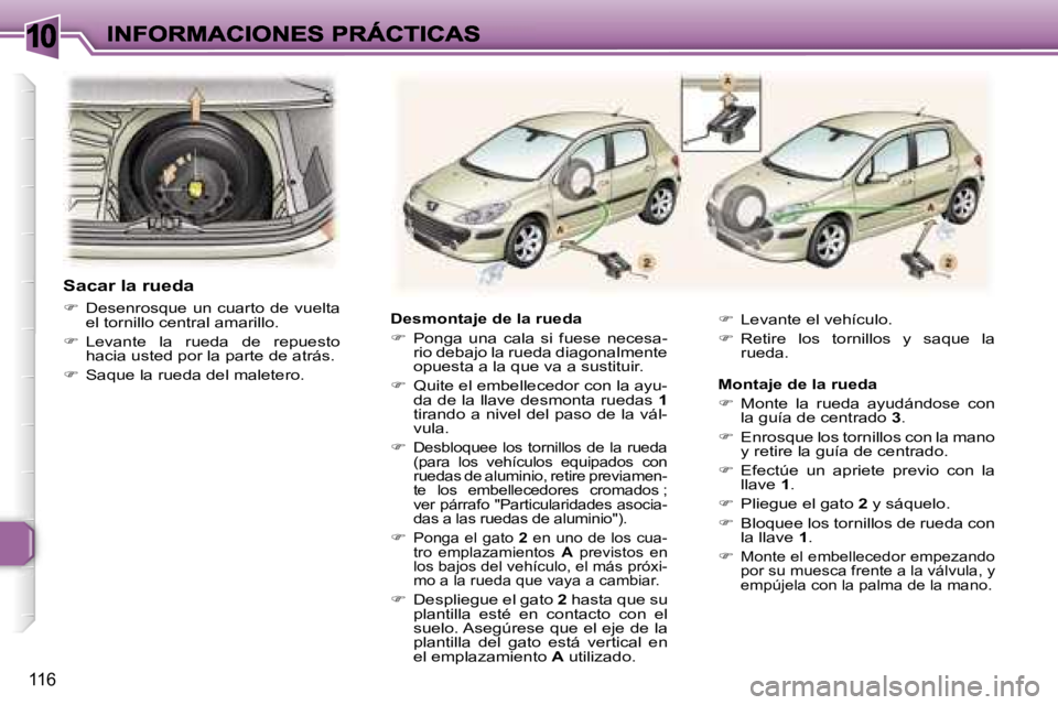 Peugeot 307 2007  Manual del propietario (in Spanish) �1�0
�1�1�6
�D�e�s�m�o�n�t�a�j�e� �d�e� �l�a� �r�u�e�d�a
��  �P�o�n�g�a�  �u�n�a�  �c�a�l�a�  �s�i�  �f�u�e�s�e�  �n�e�c�e�s�a�-�r�i�o� �d�e�b�a�j�o� �l�a� �r�u�e�d�a� �d�i�a�g�o�n�a�l�m�e�n�t�e� �